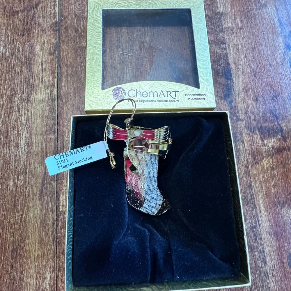 ChemArt Elegant Stocking Christmas Ornament 51011‎ Gold Tone Handcrafted USA Box